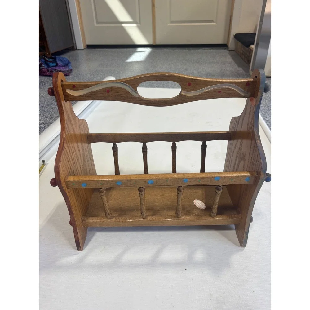 Vintage Hand Painted Mushroom Wood Magazine‎ Rack Cottagecore Spindle Caddy 15in